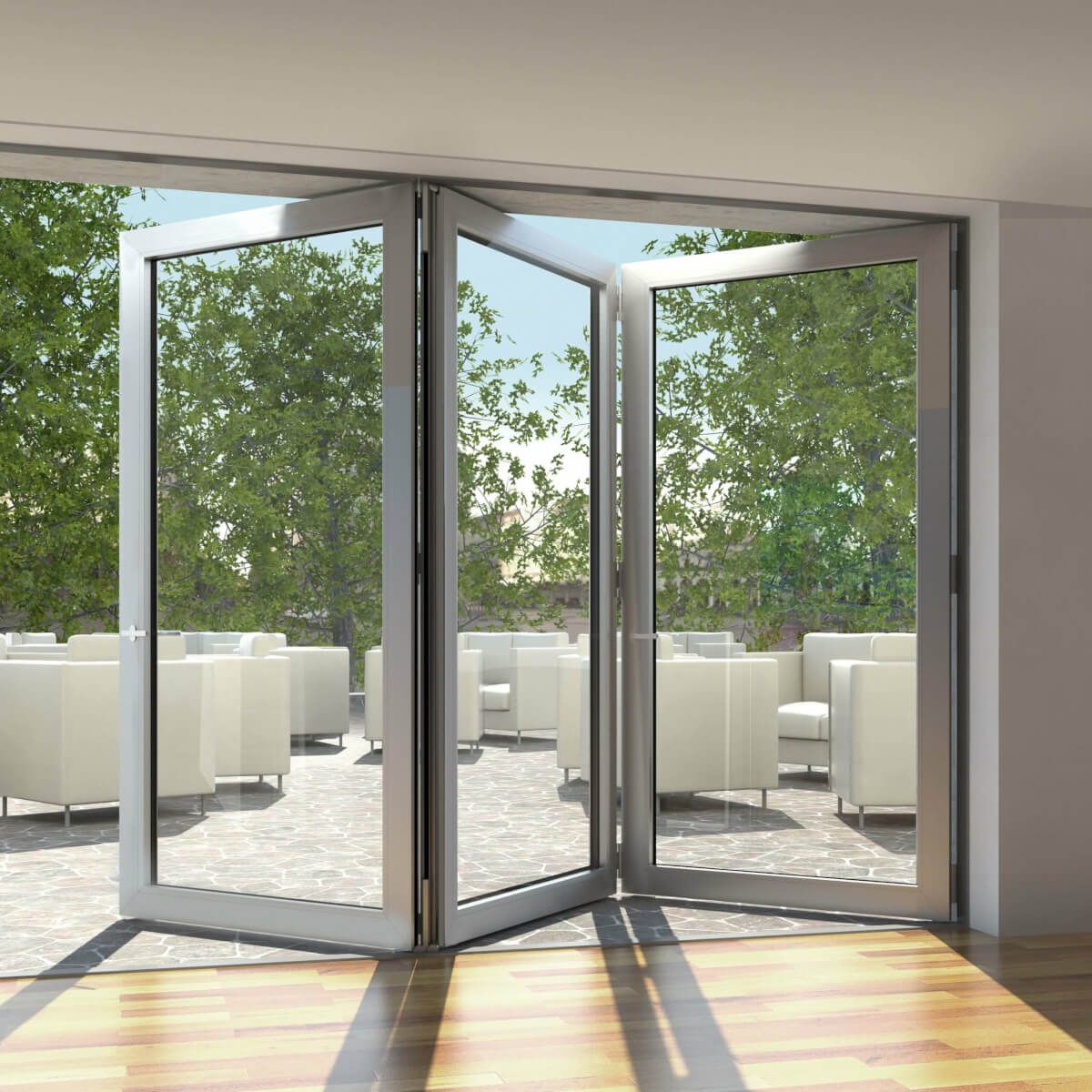 Aluminium commercial bi-fold doors opening a retail frontage