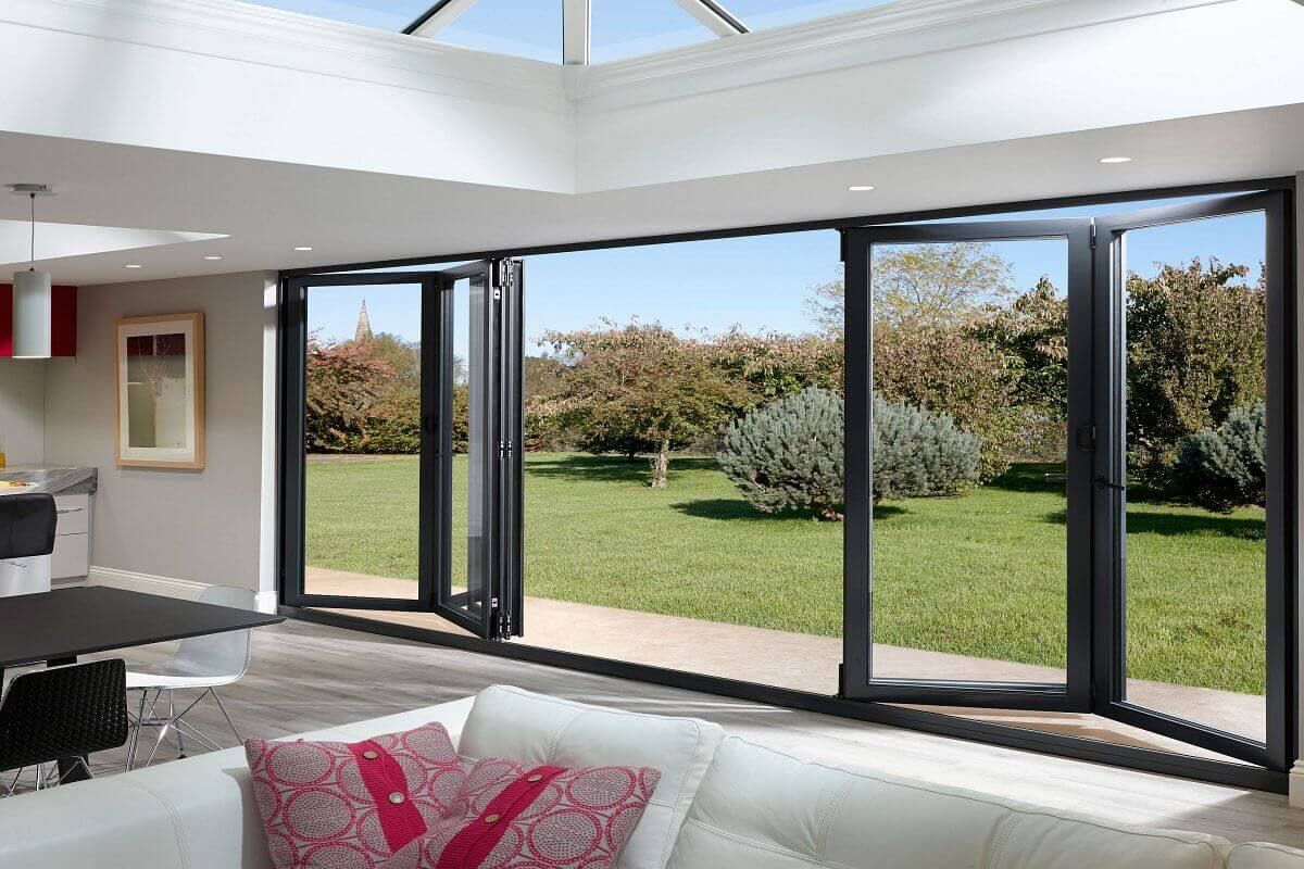 Bi-fold doors folded open on a commercial premises